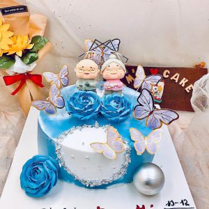 Bánh kem trang trí tone xanh ông, bà lão